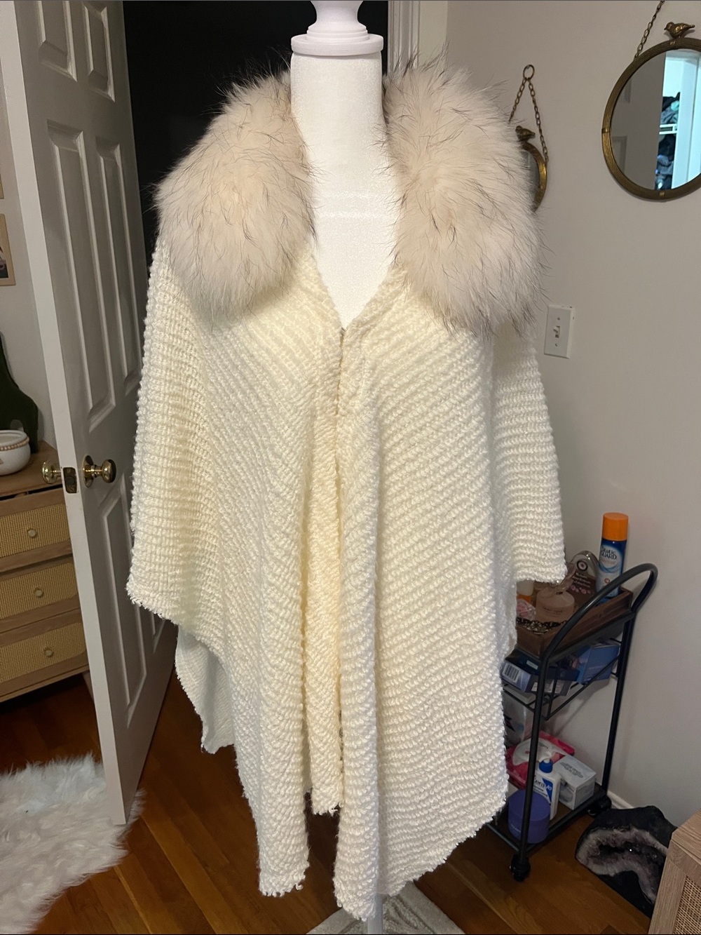 Alice + Olivia Cream Knit Poncho with Faux Fur Collar